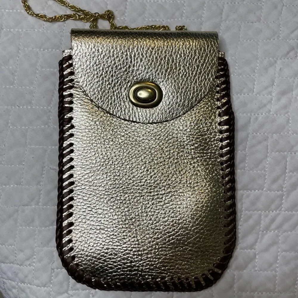 Handmade Custom Gold & Brown Leather Wrap Small Satchel w/ Gold Toned String - Picture 6 of 9